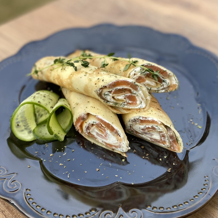 Pancakes with cream cheese and salmon