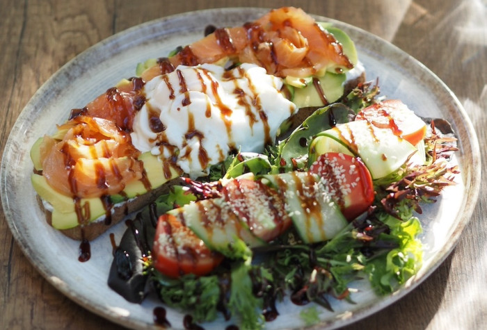 Toast with salmon, avocado and poached egg